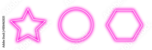 Neon glowing pink geometric outline frame set includes circle, polygon and star shapes. Pink stroke light with realistic neon glow effect. Shining neon glow blank shapes. Vector illustration.
