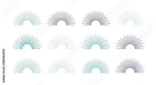 Set of twelve abstract sunburst designs in teal and purple, perfect for adding a touch of vintage flair