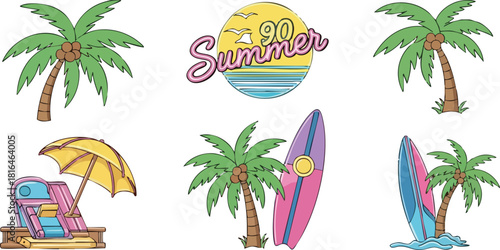 Summer Beach Day Fun Vector Design with Surfboards and Palm Trees