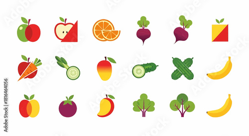 Collection of colorful fruit and vegetable icons displayed on a white background