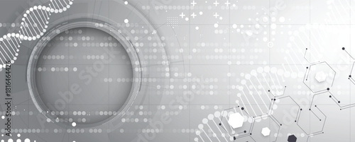 Abstract hexagons, DNA strands, connected neural web, science and technology background