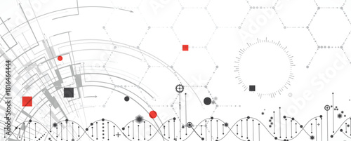 Abstract hexagons, DNA strands, connected neural web, science and technology background