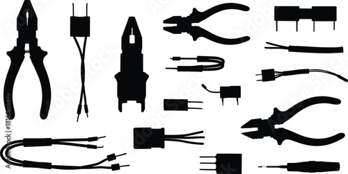 Electrical tool icon set, silhouette components, pliers, screwdrivers, connectors, wires, vector illustration, cad drawing, flat style, engineering concept