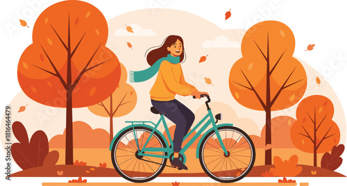 Autumn cycling illustration—person riding bike through park with falling leaves and colorful trees