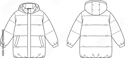 Flat vector illustration of a hooded puffer coat front and back view, CAD drawing style, winter apparel design template, fashion tech pack