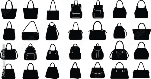 Handbag silhouette icon set, fashion bag vector, purse design pack, black graphic collection, accessory shapes, flat illustration layout