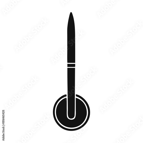 Black vector icon of a pizza cutter. This essential kitchen utensil is used for slicing pizza, dough, and pastries. Its sharp circular blade ensures effortless food preparation