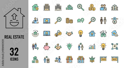 Vibrant collection of modern outline real estate icons, illustrating property search, home sales, investment, and financial services with a clean, contemporary design