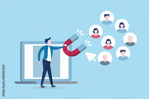 Man with horseshoe magnet attracting diverse people icons from laptop screen for business growth