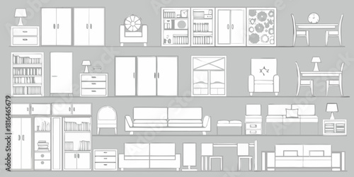 Collection of hand drawn line art furniture icons and illustrations on a gray background