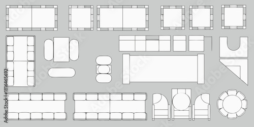 Top view schematic of various furniture pieces including sofas tables chairs and sectional elements for interior design planning