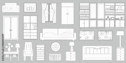 Collection of hand drawn furniture and home decor items in a minimalist line art style