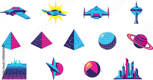 Retro-Futuristic Vector Icons Space, Pyramids, and Cityscapes