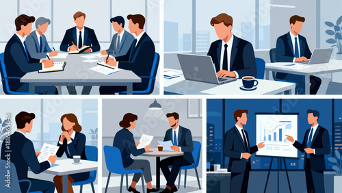 This illustration showcases various business scenarios, including meetings, collaborations, and presentations, depicting the different aspects of corporate work and teamwork.