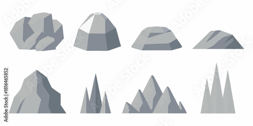 Collection of diverse gray geometric rock and mountain shapes in a flat design style