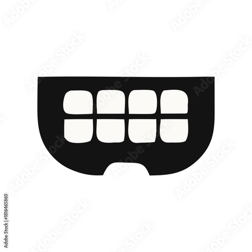 A stylized black and white graphic representation of a wide smiling mouth with visible teeth
