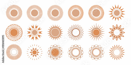 Collection of stylized sun icons with geometric and abstract designs in warm earth tones