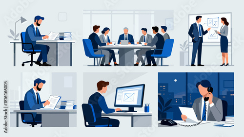 This illustration showcases various business scenarios, including meetings, collaborations, and presentations, depicting the different aspects of corporate work and teamwork.