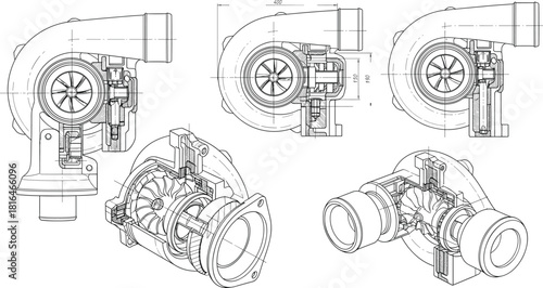 Turbocharger technical illustration—cross-sectional and orthographic views with internal components and dimensional annotations