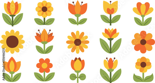 Collection of stylized floral designs in warm autumnal colors
