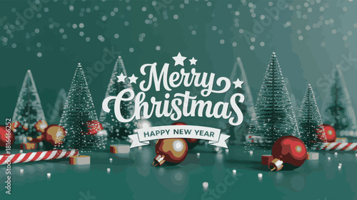 Merry christmas happy new year greeting with festive trees and ornaments Vector