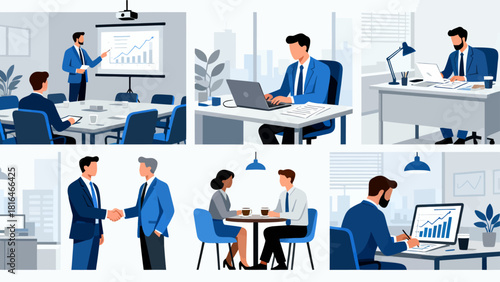 This illustration showcases various business scenarios, including meetings, collaborations, and presentations, depicting the different aspects of corporate work and teamwork.