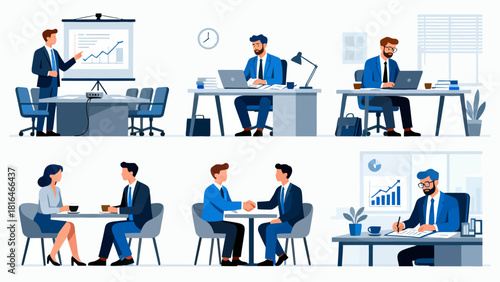 This illustration showcases various business scenarios, including meetings, collaborations, and presentations, depicting the different aspects of corporate work and teamwork.