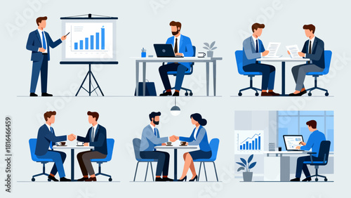 This illustration showcases various business scenarios, including meetings, collaborations, and presentations, depicting the different aspects of corporate work and teamwork.