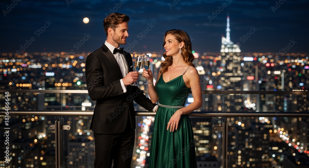 Obraz premium Elegant couple toasting with champagne on a rooftop at night. Romantic man and woman in formal wear celebrating against a city skyline. New Year or Christmas party concept