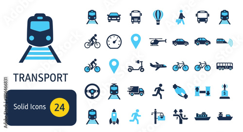 Transportation Icons Set Train, Car, Plane, and More - Sleek Design