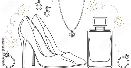 Elegant fashion accessories arranged in a minimalist line art style illustration