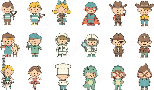 Cute Cartoon Characters Kids Playing Dress Up in Diverse Costumes