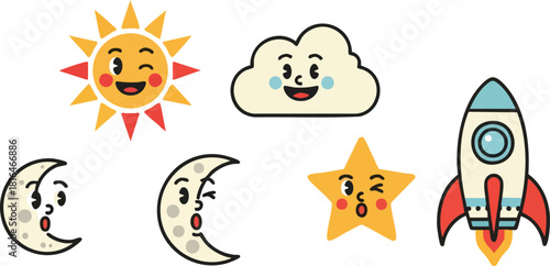 Whimsical Cartoon Celestial Friends Sun, Moon, Star, Cloud and Rocketship Adventure