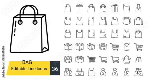 Set of 36 Editable Line Icons Representing Bags, Shopping, and Gifts