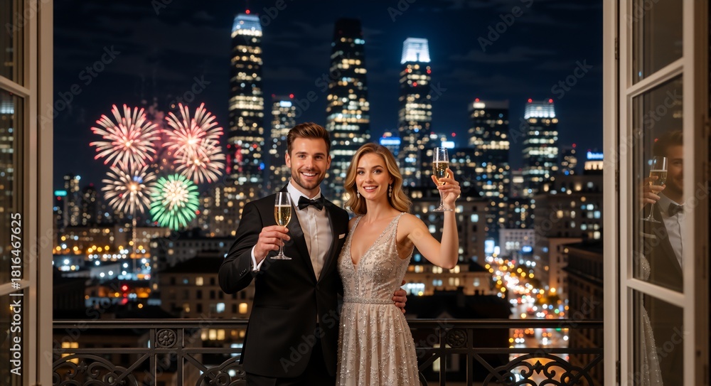 Fototapeta premium Happy couple celebrating New Year's Eve with champagne on a balcony. Man and woman in formal wear watching fireworks over city skyline. Luxury lifestyle concept