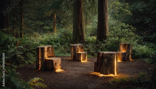 Lit tree stump seats in a circle within a dense forest