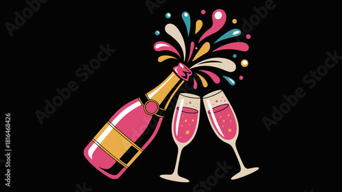 Colorful champagne bottle and glasses on black background