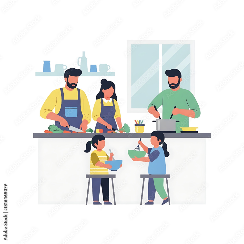 Naklejka premium Happy Family Cooking Together in Kitchen Vector Illustration