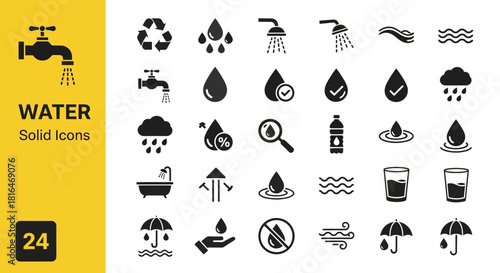 Collection of water-themed solid icons featuring taps, rain, droplets, showers, and conservation symbols