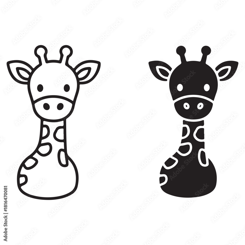 Naklejka premium Cute Cartoon Giraffe Outline and Silhouette Illustrations