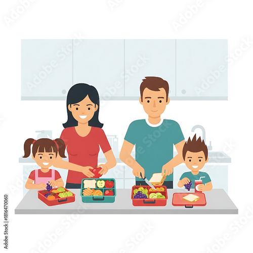 Family Preparing School Lunch Boxes Together in the Kitchen