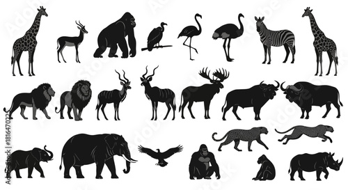 Sleek and Diverse Wildlife Silhouette Collection Comprehensive vector set featuring majestic safari animals and global fauna, perfect for icons and design projects