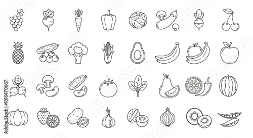 Extensive collection of healthy food outline icons showcasing a diverse range of fruits and vegetables in a clean, minimalist line art style, perfect for nutrition and wellness graphic design projects