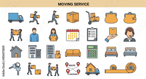 Modern Outline Icon Set for Professional Moving and Delivery Services Logistics, Relocation, and Home Shifting Business Concepts