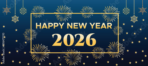 Happy New Year 2026 Banner with Gold Fireworks and Hanging Ornaments on Dark Blue Background