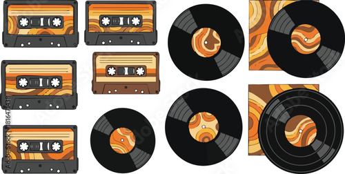 Retro Media Collection Vintage Cassettes and Vinyl Records in Earthy Tones