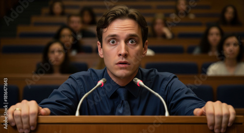 Nervous shy male lecturer stands behind podium with microphones to address audience. Speakers fear and anxiety problem before public speaking and events.