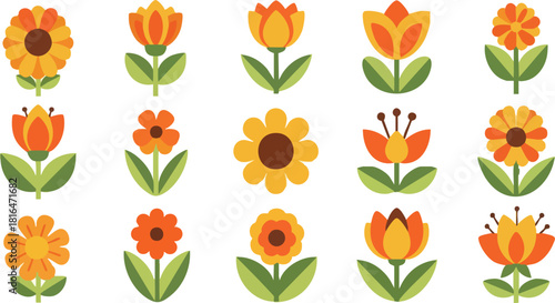 A collection of cheerful flower designs in flat vector style showcasing diverse floral arrangements and patterns