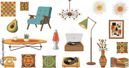 Eclectic Mid-Century Modern Interior Decor Still Life Illustration