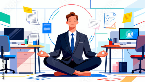 A businessman in a suit meditates in an office, emphasizing the importance of mental wellness and stress relief in a corporate environment.